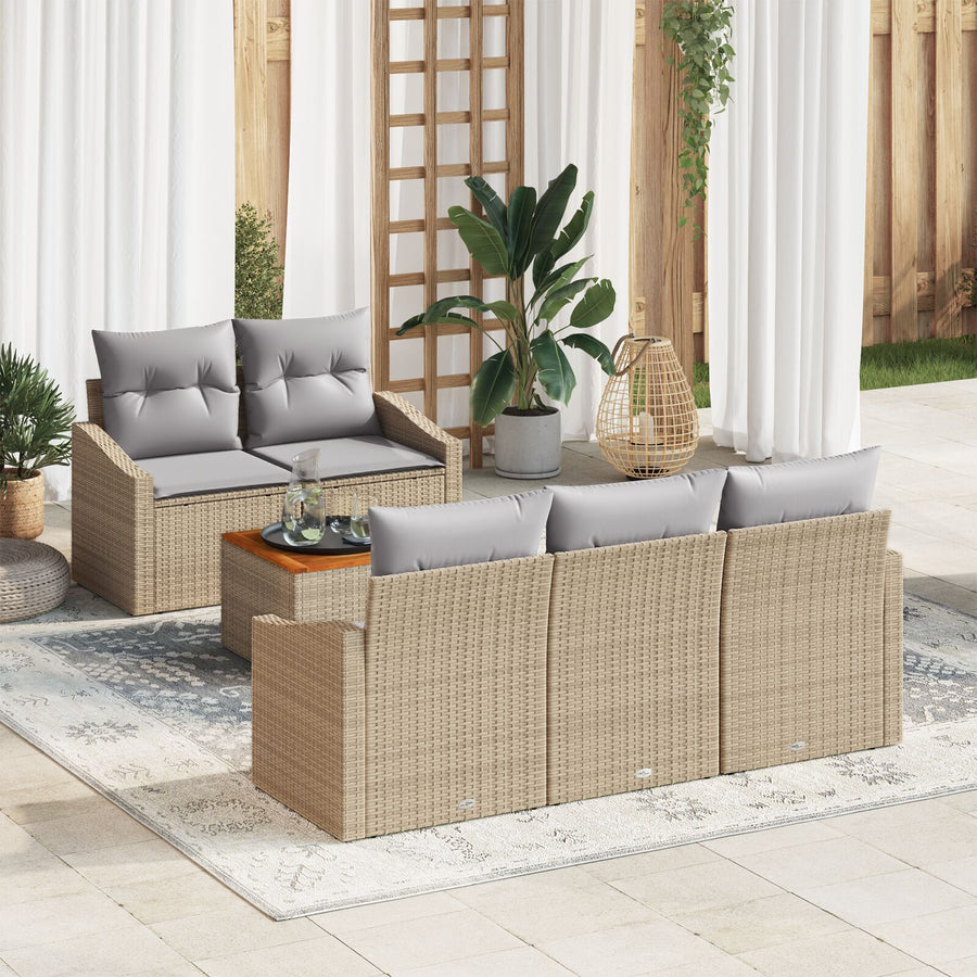 6 Delige Tuin Sofa Set Met Kussens Beige Poly Rattan Acacia