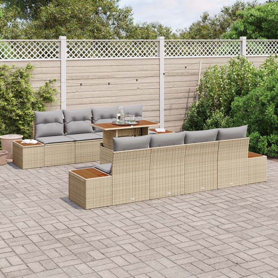 Tuinbank Set 9-Delige Set Beige Pe Rattan Eetset Rechthoekig