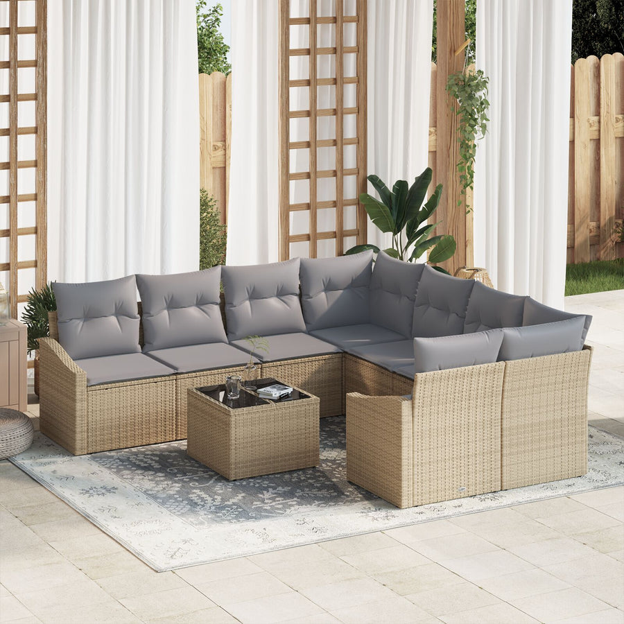 9-Delige Tuinbank Set Met Kussens Beige Poly Rattan