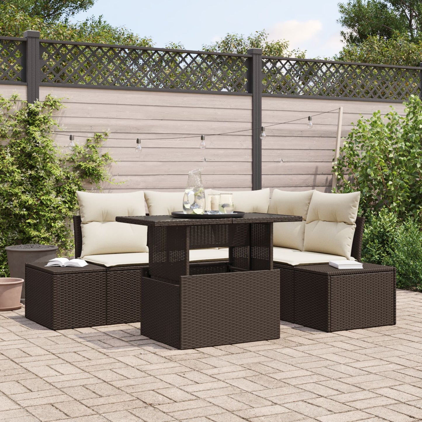 5 Delige Tuin Sofa Set Met Kussens Bruin Poly Rattan