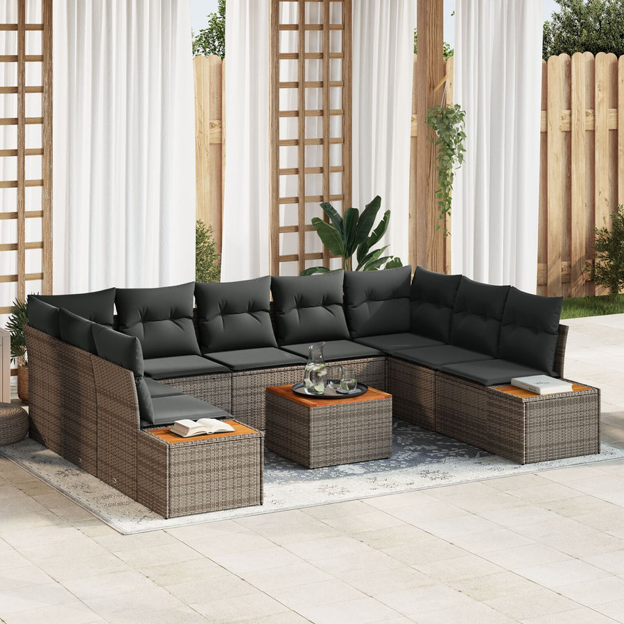 10-Delige Tuin Sofa Set Met Kussens Grijs Poly Rattan Acacia