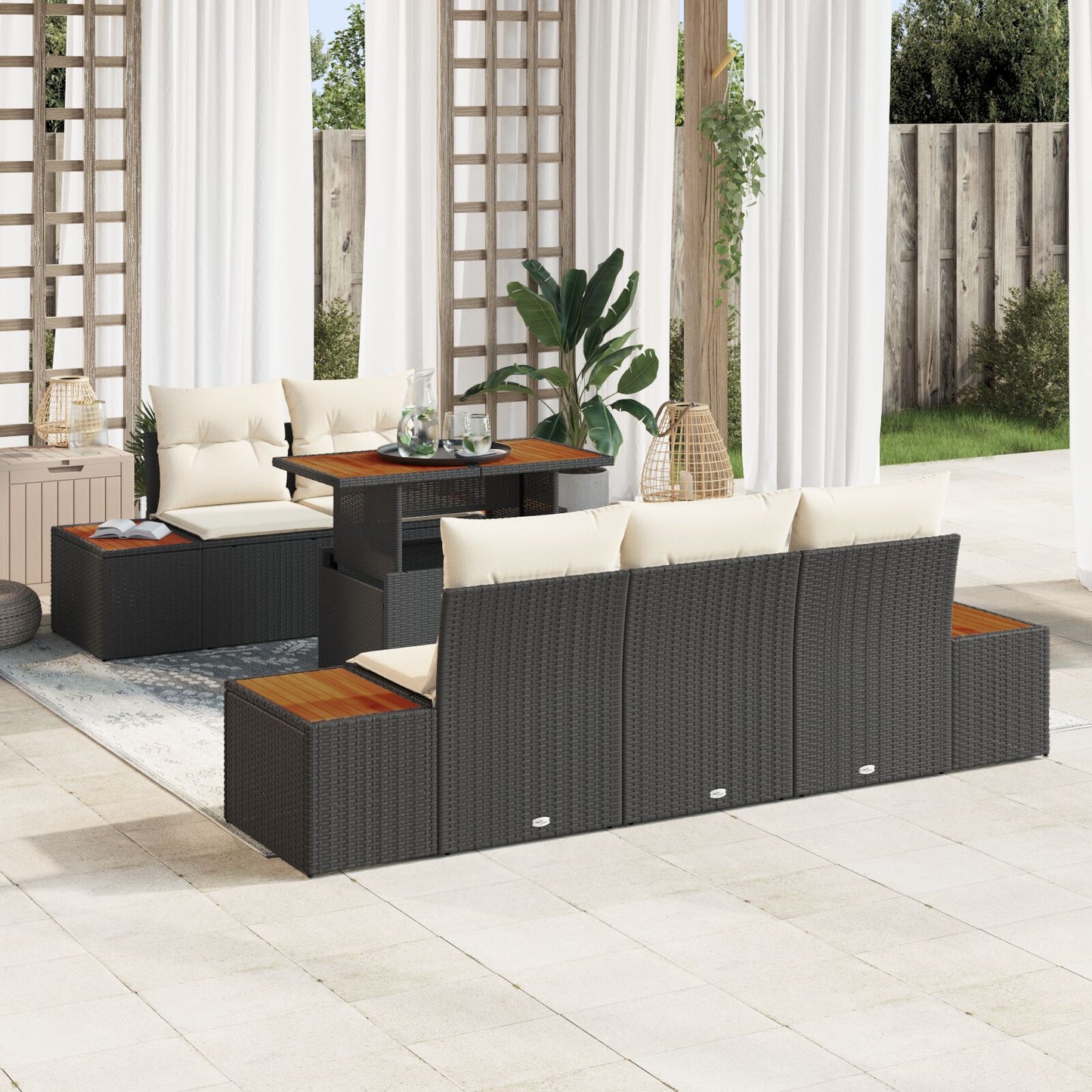 Tuin Sofa Set Set Van 6 Zwart, Bruin Rattan, Hout, Polyester