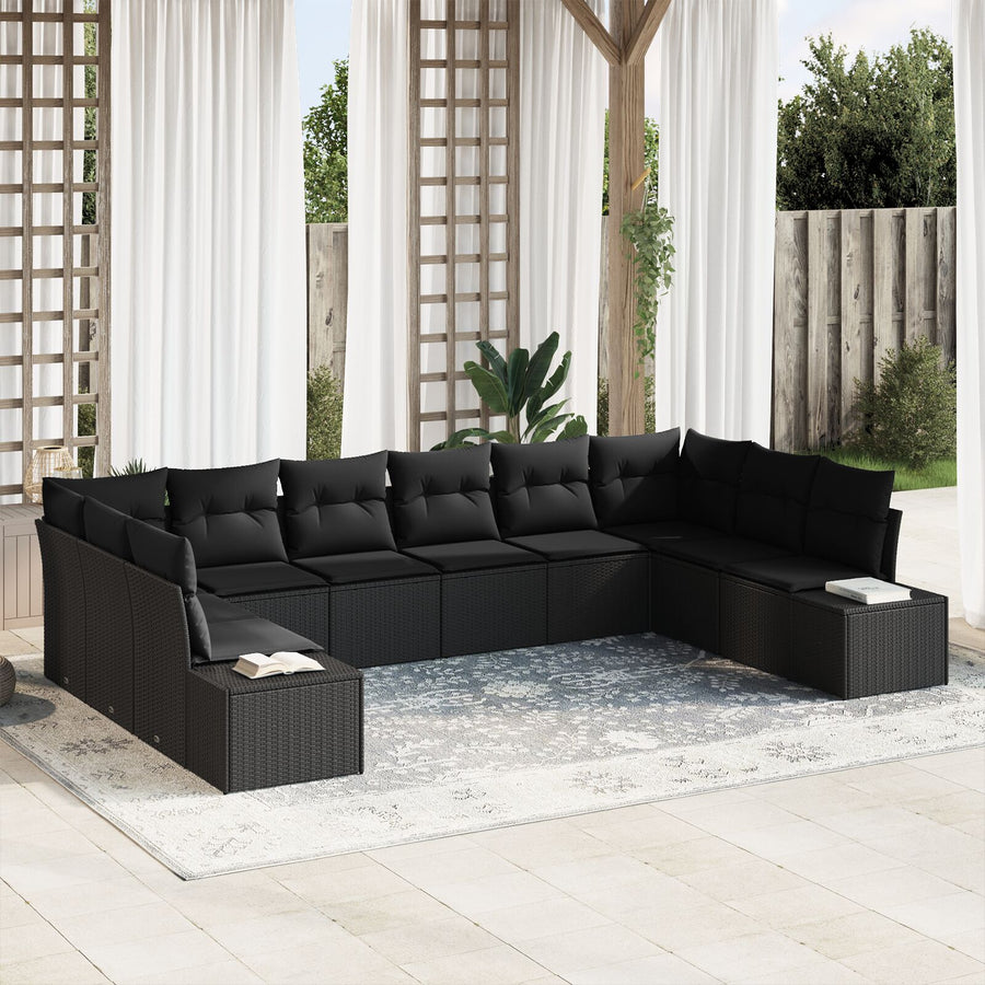 10-Delige Tuinsofa Set Met Kussens Zwart Poly Rattan