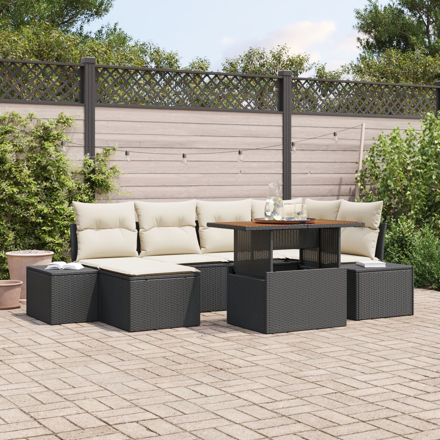 7-Delige Tuin Eetset Met Kussens Zwart Poly Rattan Acacia