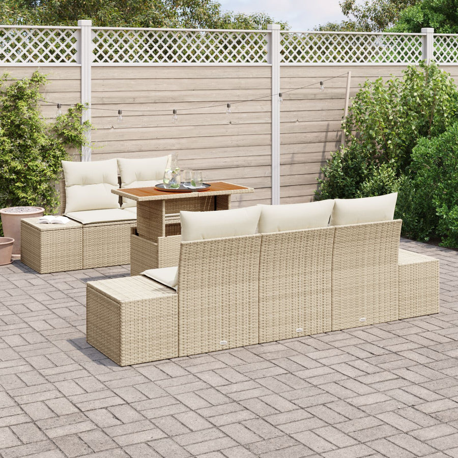 6-Delige Tuin Eettafelset Met Kussens Beige Poly Rattan Acacia