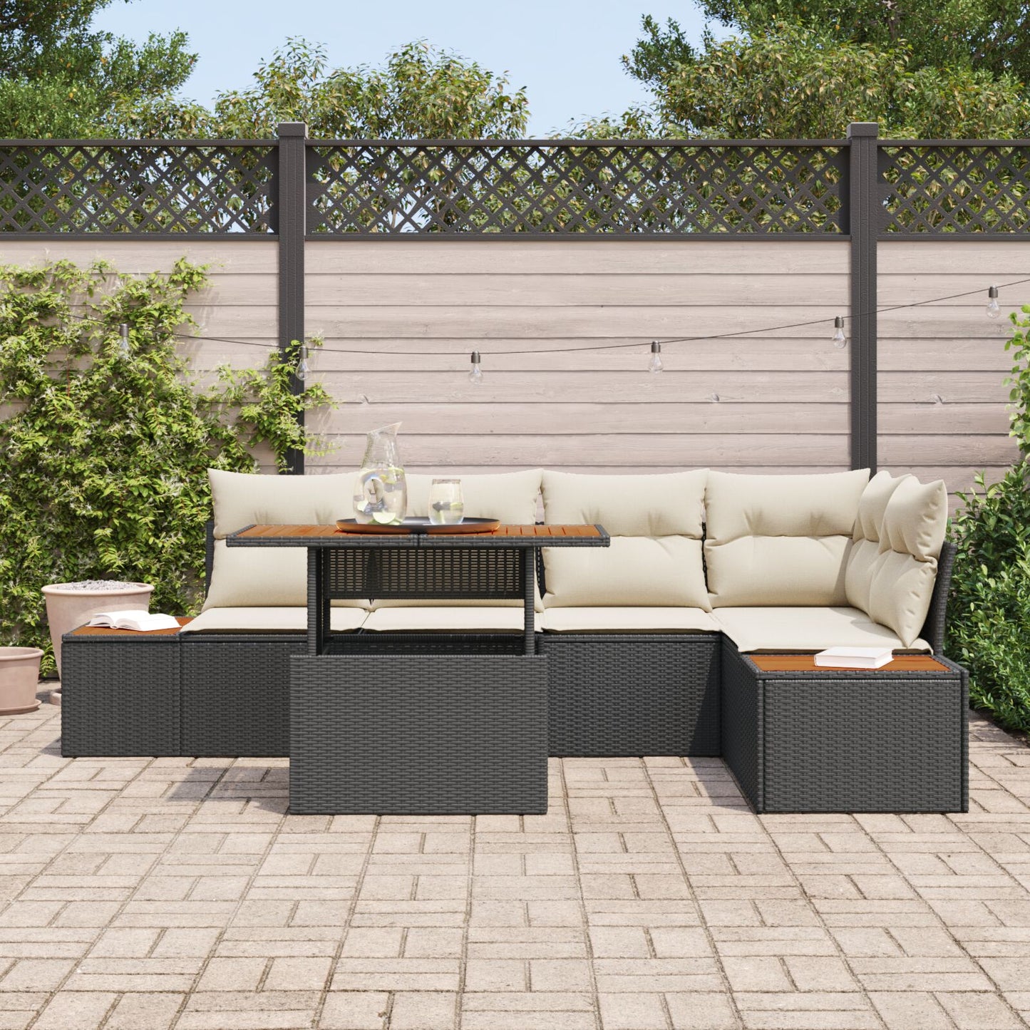 Tuin Sofa Set Set Van 6 Zwart, Crème Riet, Polyester