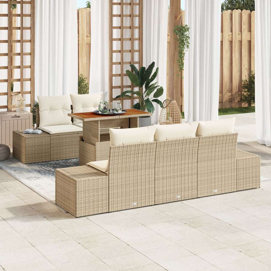 6-Delige Tuin Eettafelset Met Kussens Beige Poly Rattan Acacia