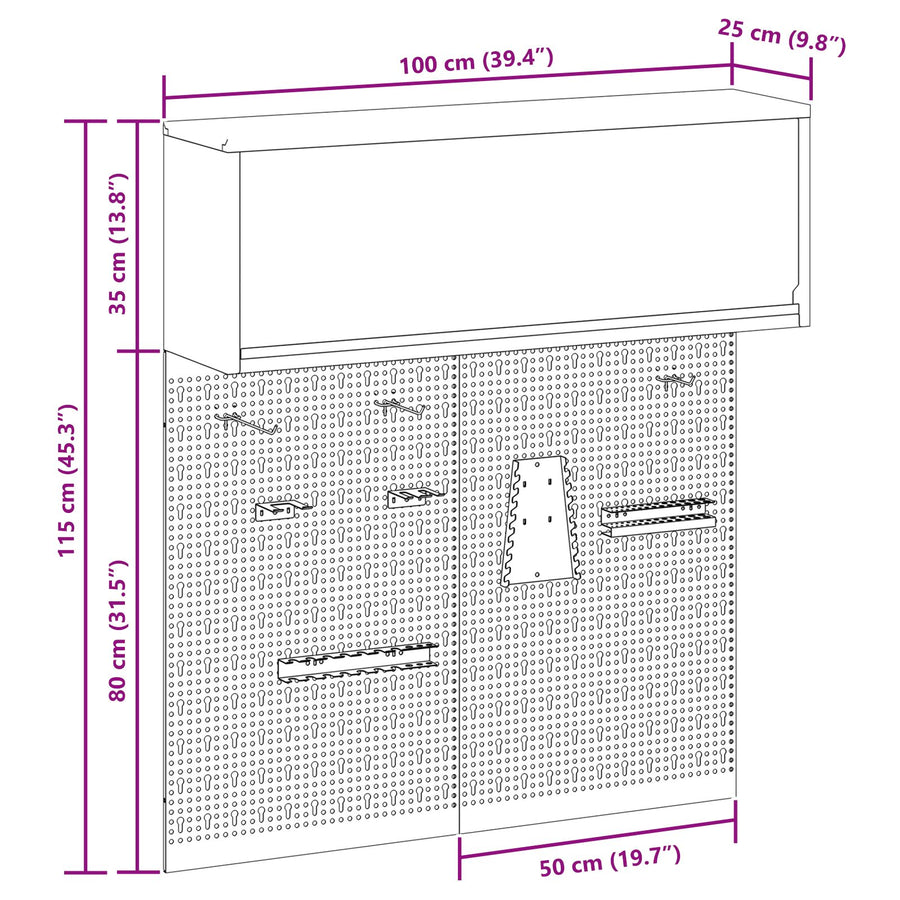 3-Delige Gereedschapskast En Pegboard Set Wandmontage Zwart Metaal