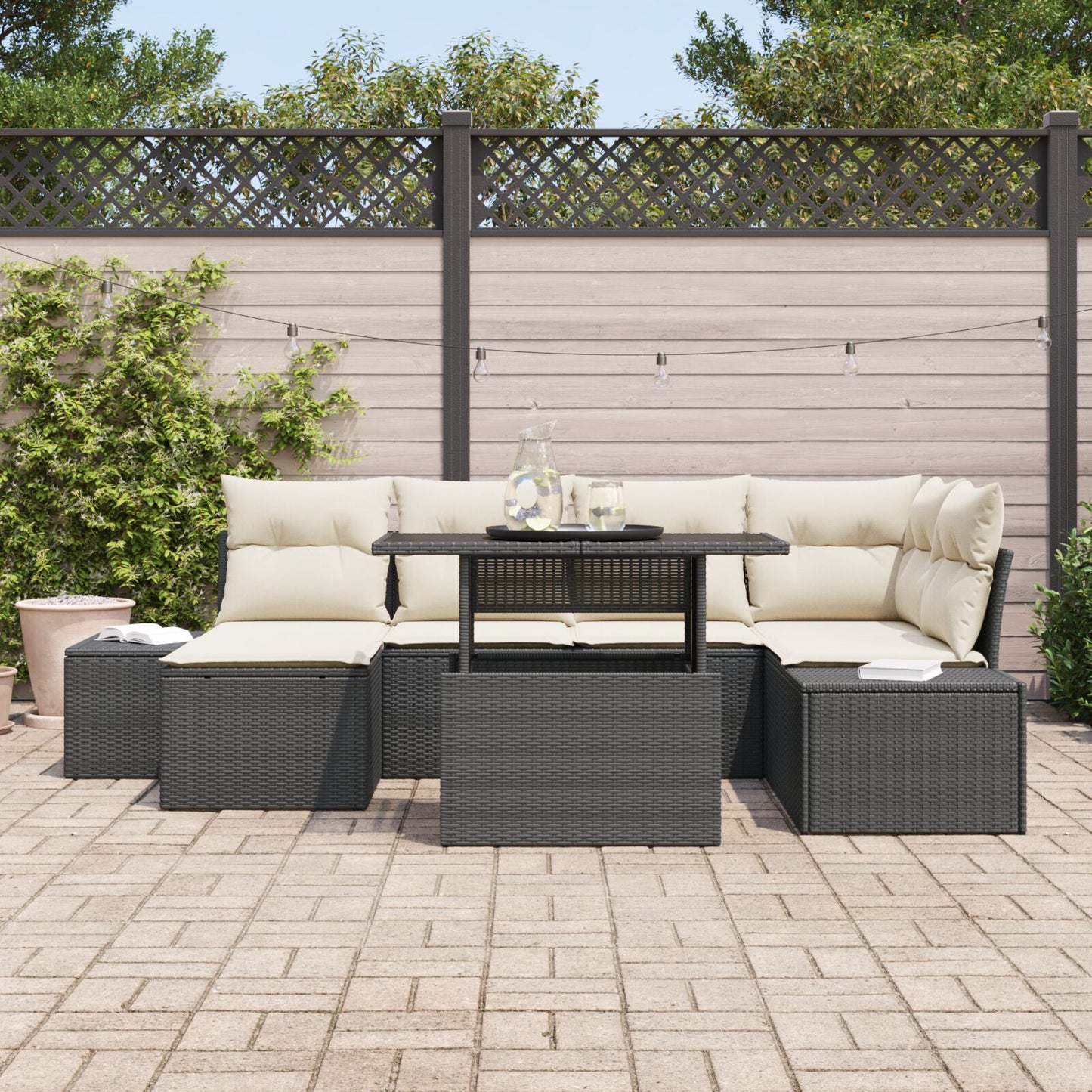 Tuin Sofa Set Set Van 7 Beige, Zwart Rattan, Polyester Kussens