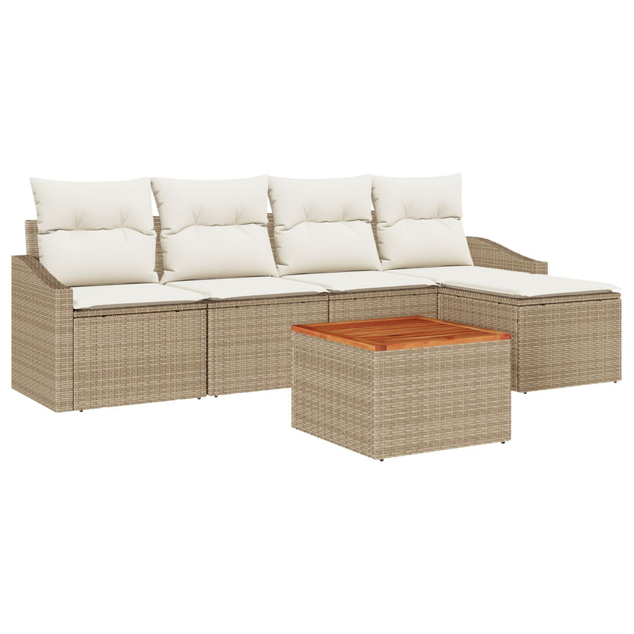 6-Delige Tuinbankset Met Kussens Beige Poly Rattan Acacia
