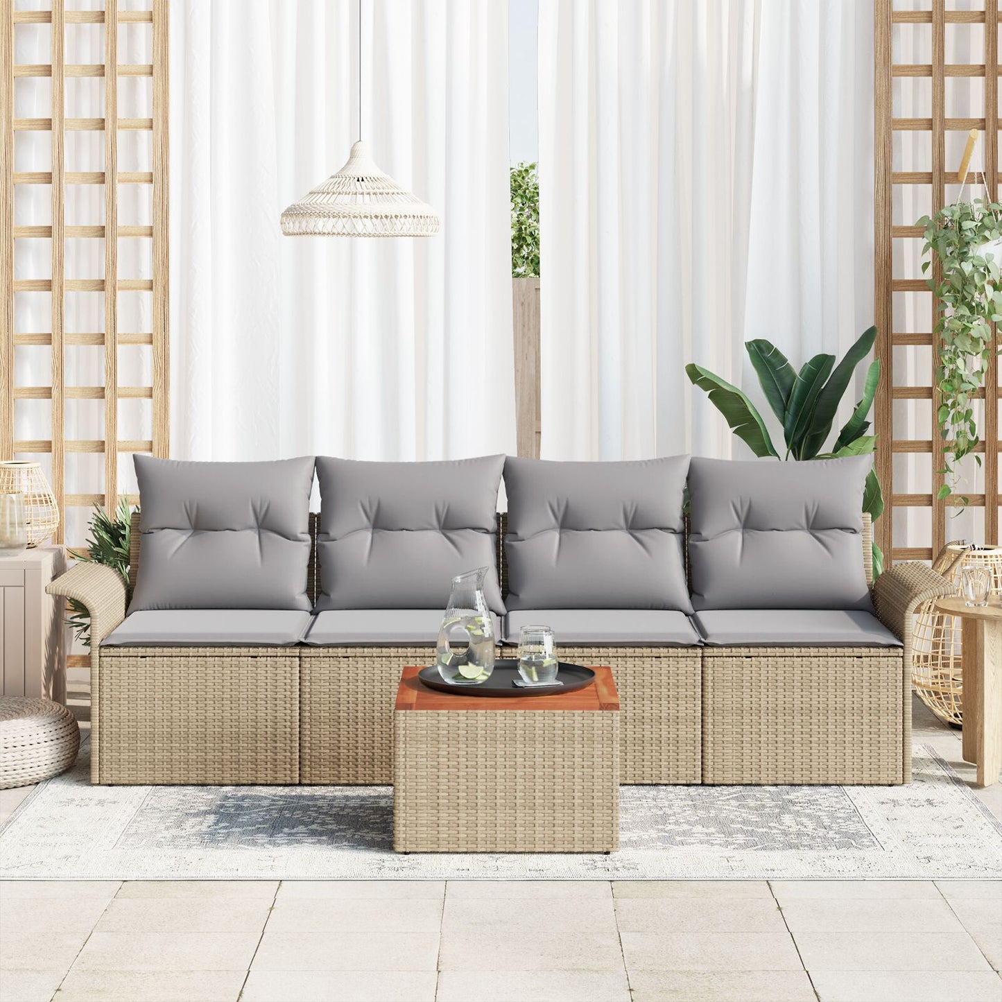5-Delige Tuinbankenset Met Kussens Beige Poly Riet Acacia