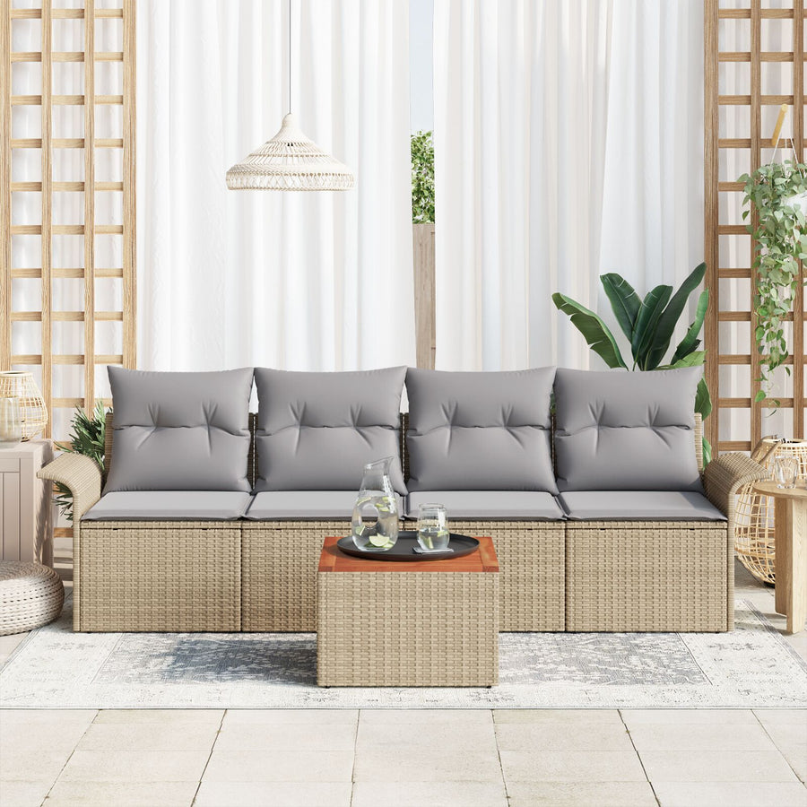 5-Delige Tuinbankenset Met Kussens Beige Poly Riet Acacia