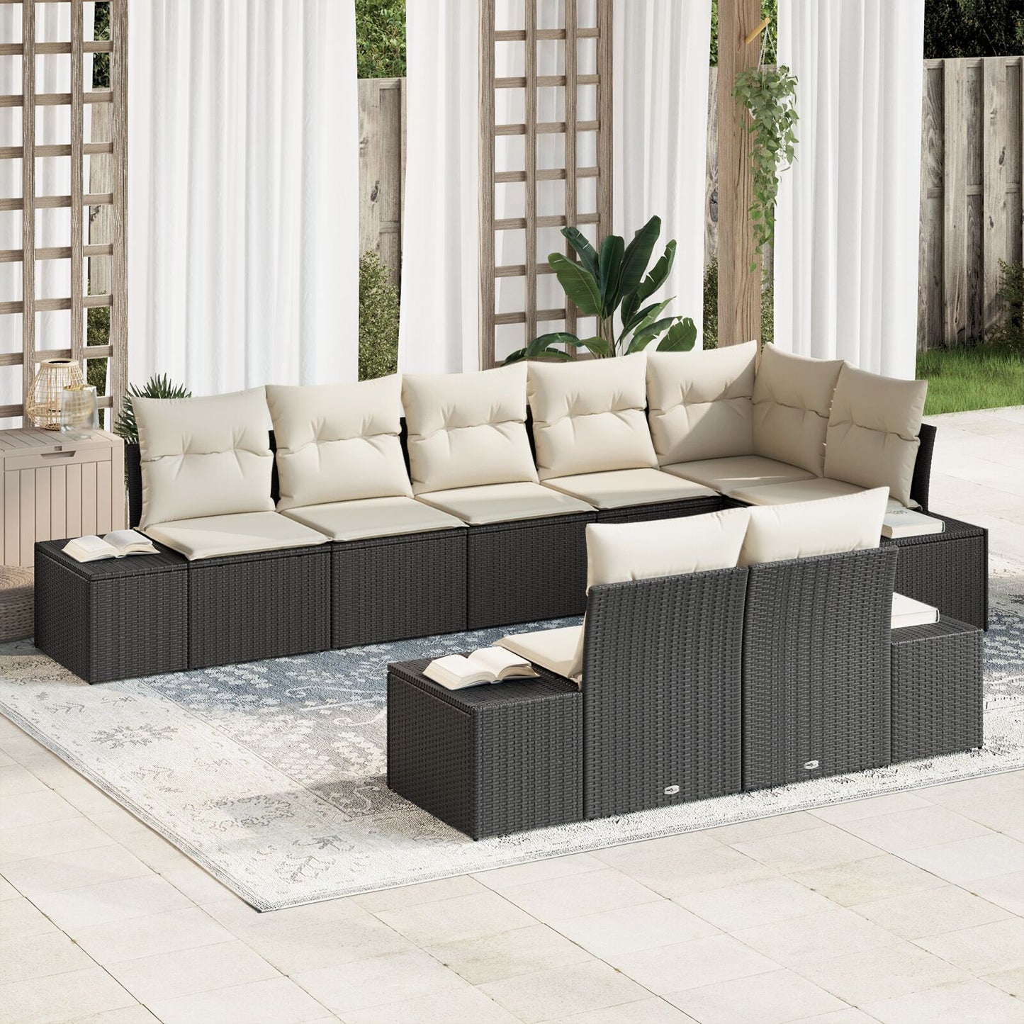 8-Delige Tuinbankset Met Kussens Poly Rattan Zwart en crème zonder tafel