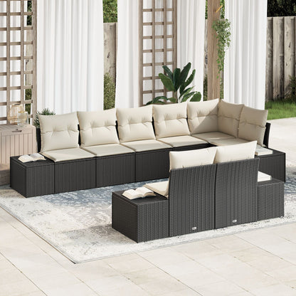 8-Delige Tuinbankset Met Kussens Poly Rattan Zwart en crème zonder tafel