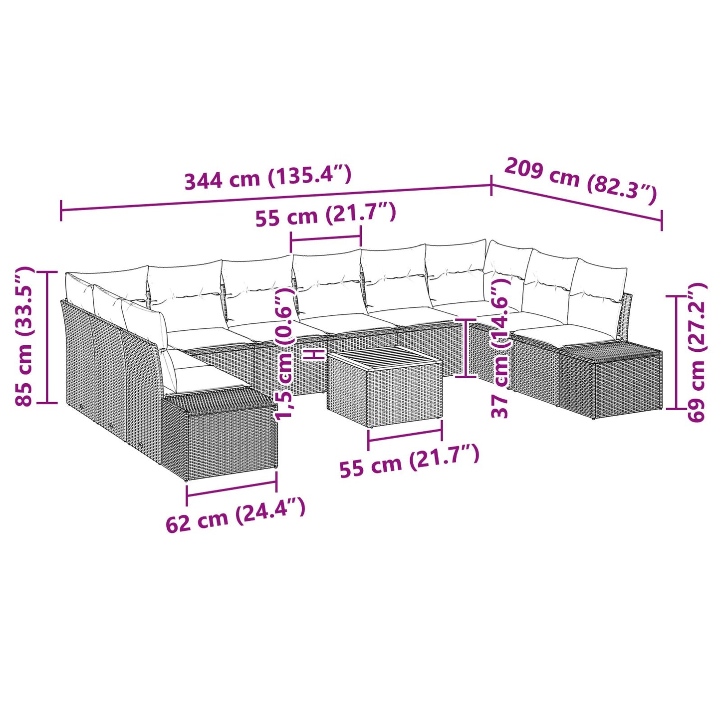 11-Delige Tuin Sofa Set Met Kussens Zwart Poly Riet Acacia