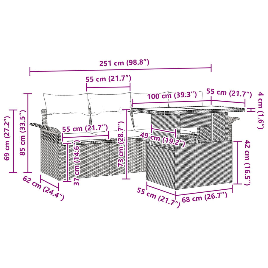 5-Delige Tuin Sofa Set Met Kussens Bruin Poly Rattan