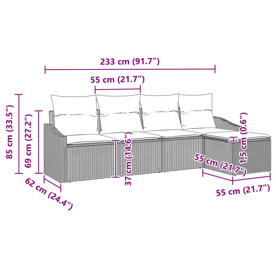 5 Delige Tuin Eetset Met Kussens Grijs Poly Rattan Gegalvaniseerd Staal
