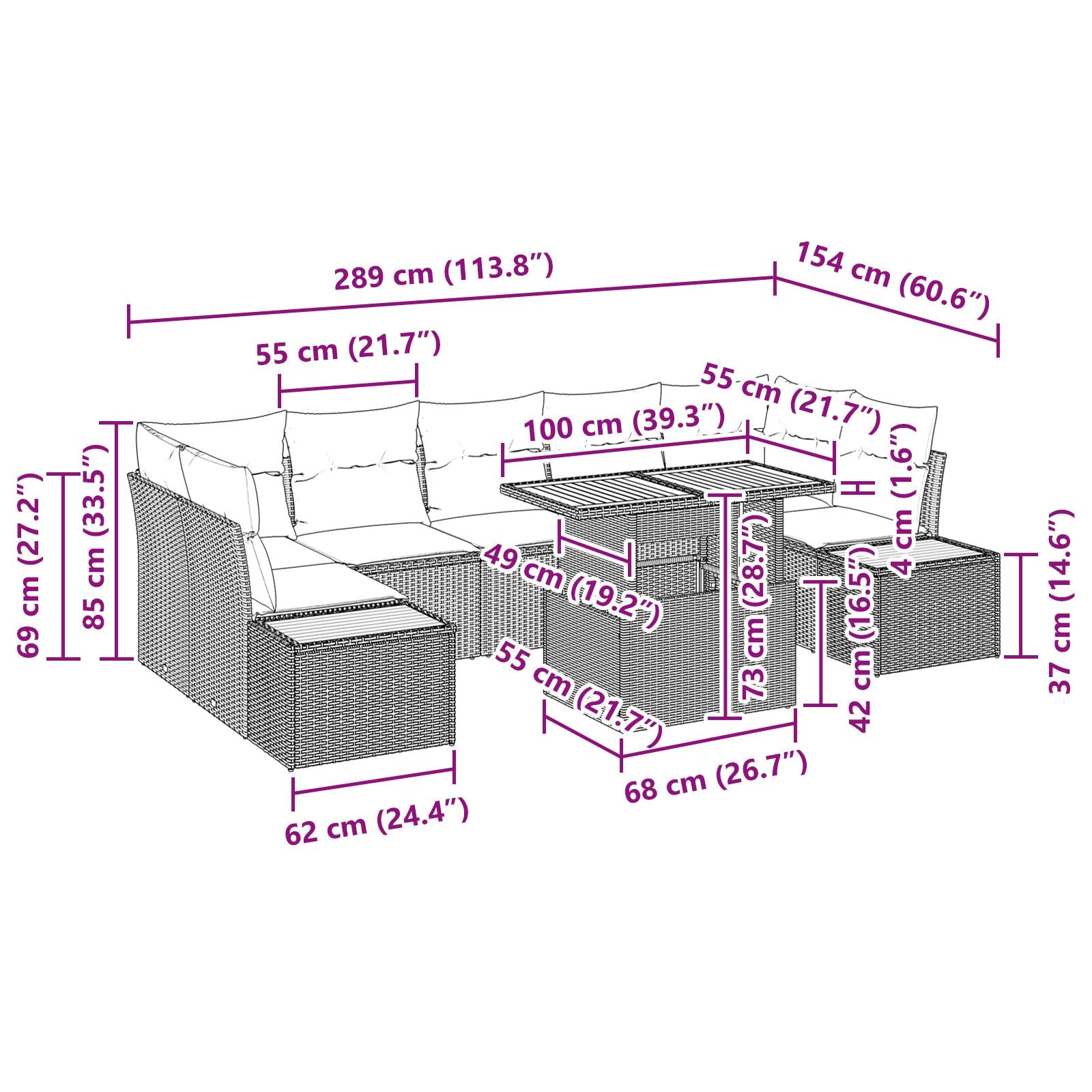 8-Delige Tuin Eettafel Set Met Kussens Zwarte Poly Rattan Acacia