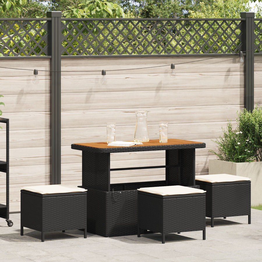4-Delige Tuin Eettafelset Met Kussens Poly Rattan Acacia 110 cm Zwart en crème 3 krukken