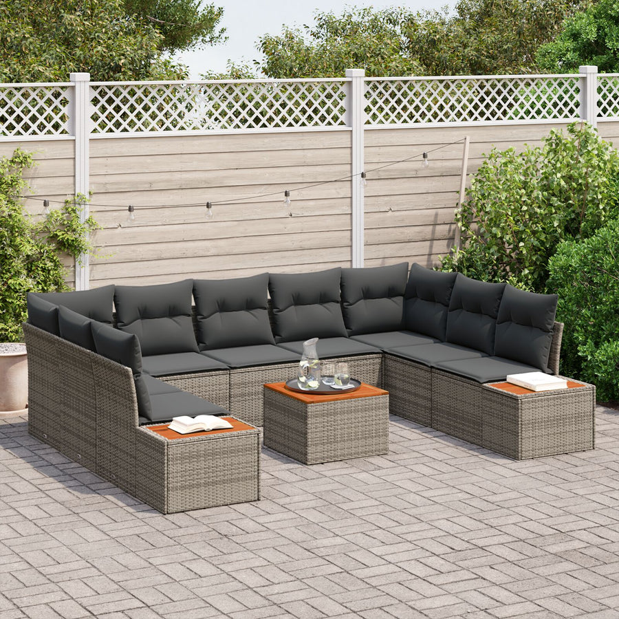 10-Delige Tuin Sofa Set Met Kussens Grijs Poly Rattan Acacia