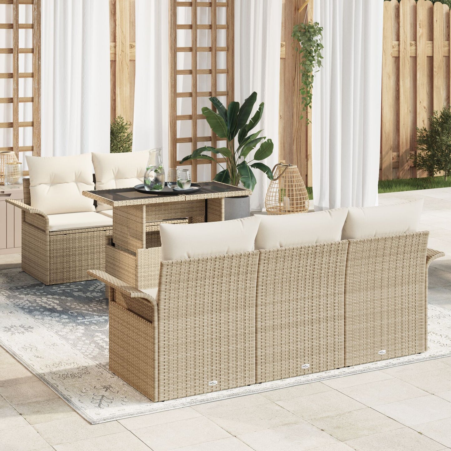 6-Delige Tuin Sofa Set Met Kussens Beige Poly Riet