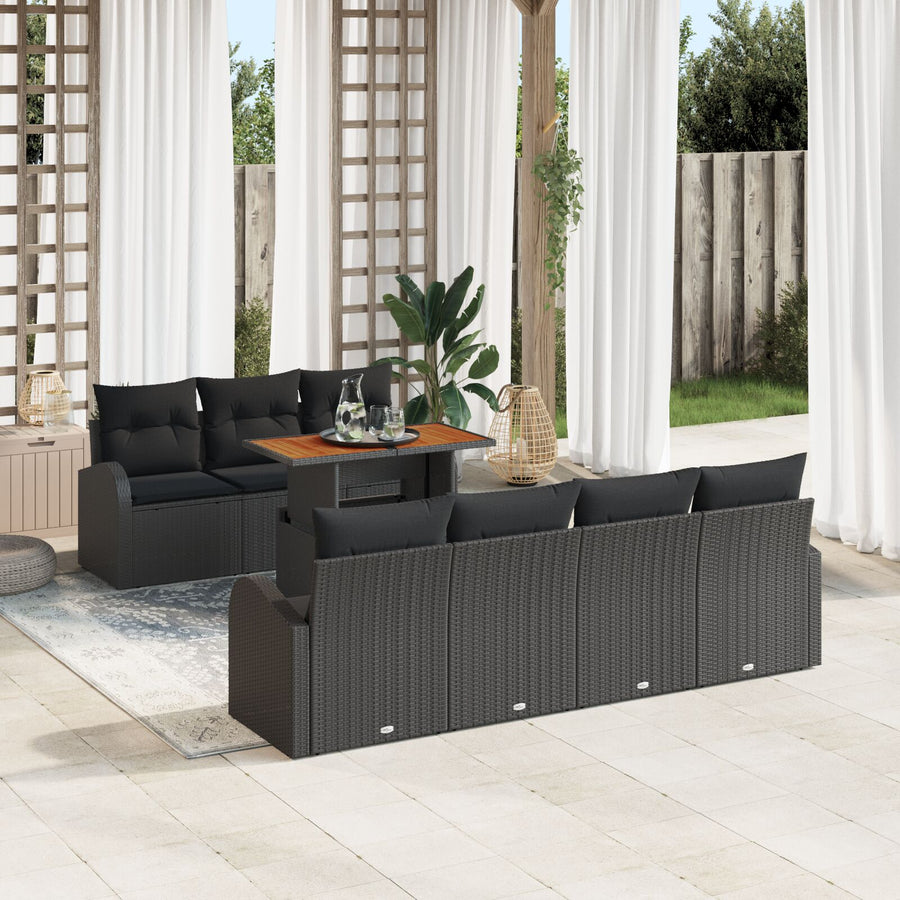8-Delige Tuin Eetset Met Kussens Zwart Poly Rattan Acacia