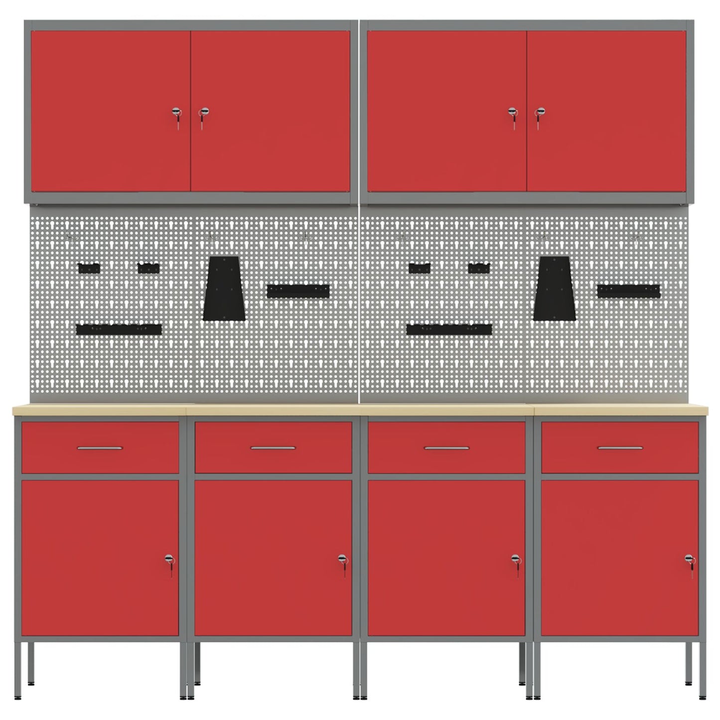 10-Delige Werkcabinet En Pegboard Set - Mdf En Metaal 4x (84 cm) Rood 4x kast + 4x prikbord + 2x gereedschap cabinet