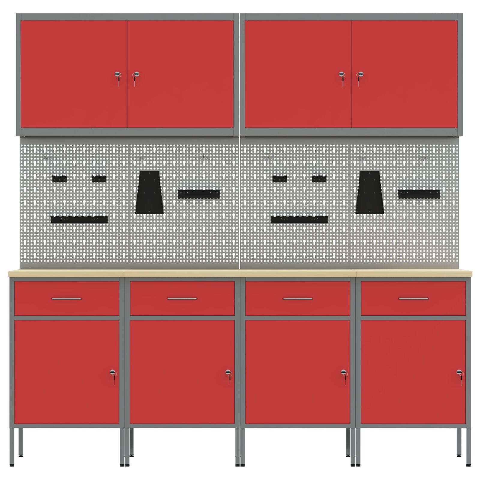10-Delige Werkcabinet En Pegboard Set - Mdf En Metaal 4x (84 cm) Rood 4x kast + 4x prikbord + 2x gereedschap cabinet