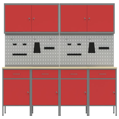 10-Delige Werkcabinet En Pegboard Set - Mdf En Metaal 4x (84 cm) Rood 4x kast + 4x prikbord + 2x gereedschap cabinet