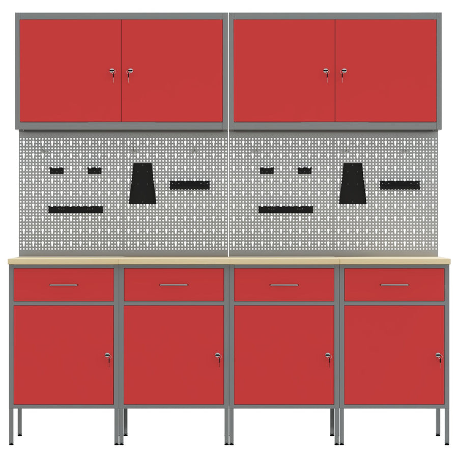 10-Delige Werkcabinet En Pegboard Set - Mdf En Metaal 4x (84 cm) Rood 4x kast + 4x prikbord + 2x gereedschap cabinet