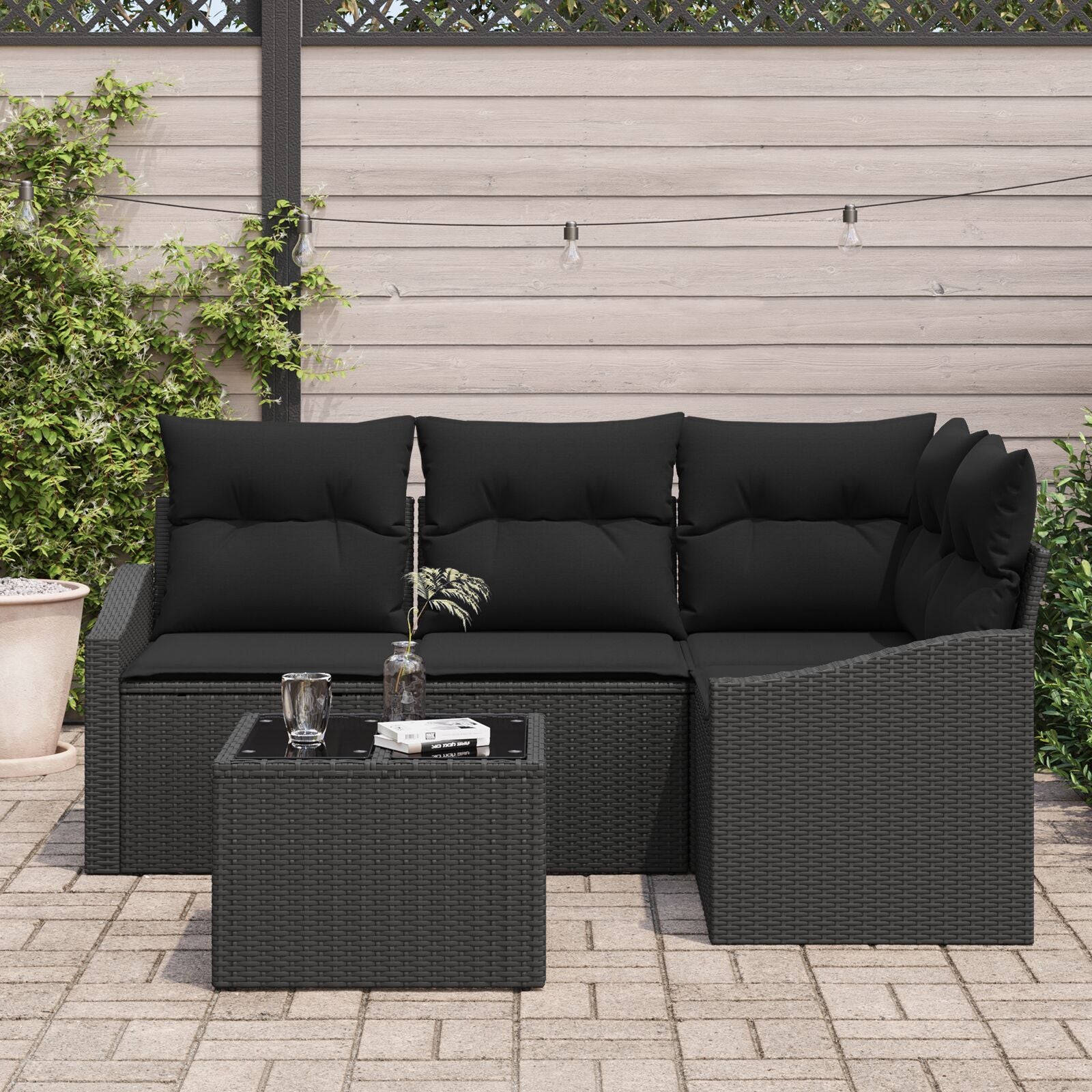 Tuin Sofa Set Set Van 5 Zwart Rattan, Polyester