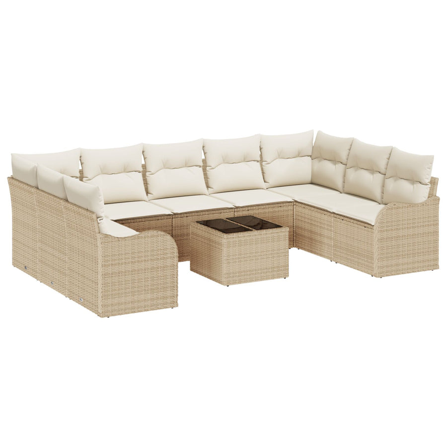 10-delige Tuinbankset met Kussens Bruin Poly Riet, vidaXL 2-zit Tuinbank met Kussens Beige Poly Riet