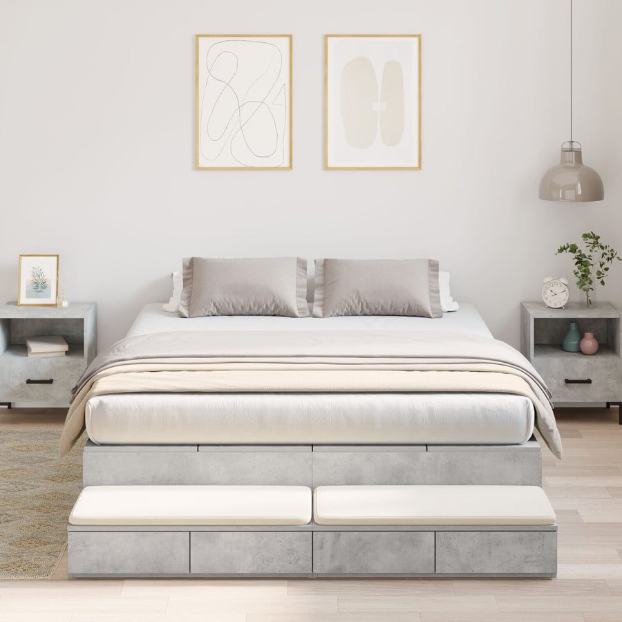 Opbergbedframe Beton Grijs Bewerkt Hout 140 X 190 Cm Artisanaal Eiken