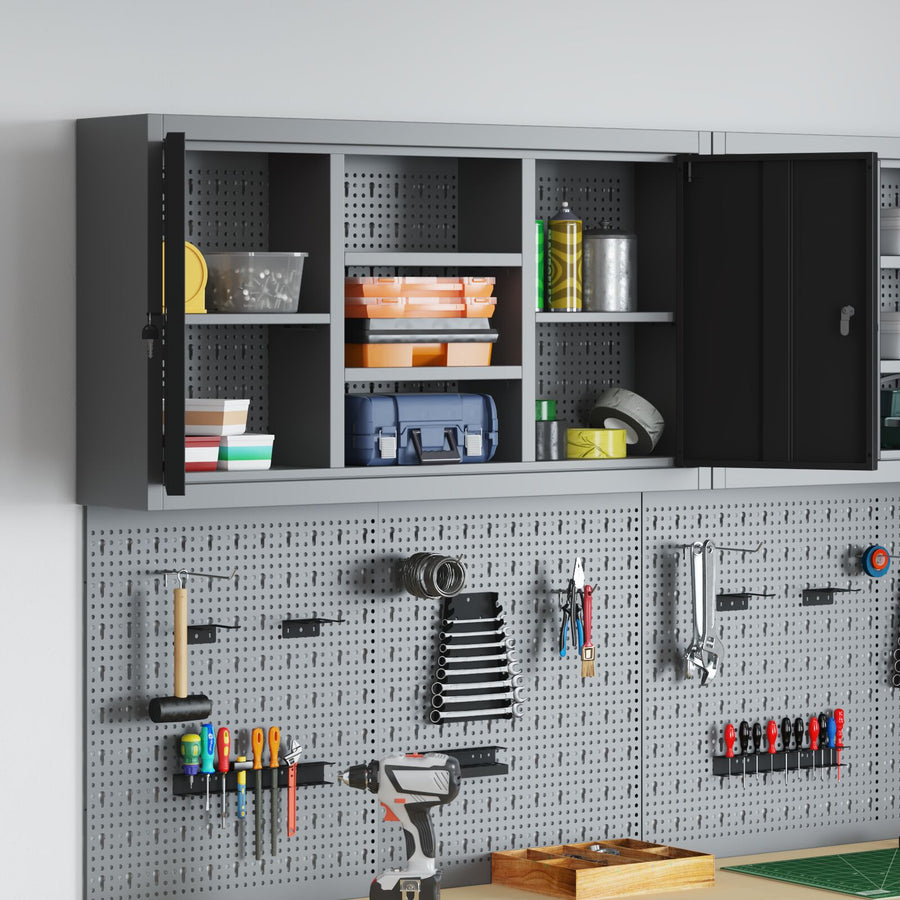 Gereedschapskast Muurbevestigd Met Pegboard 100X20X55 Cm Staal 100 cm Zwart en grijs Muurkast met pegboard