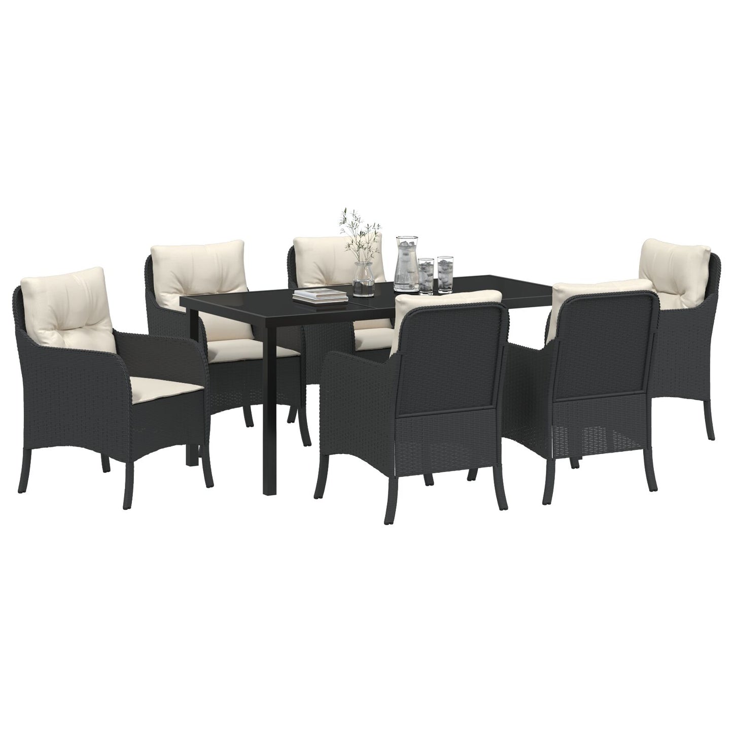 7-Delige Tuin Eetset Met Kussens Zwart Poly Rattan
