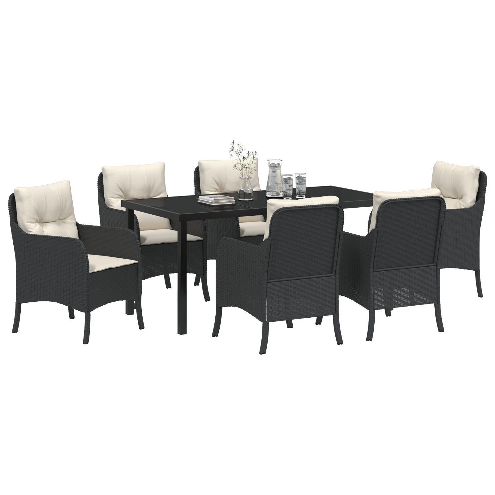 7-Delige Tuin Eetset Met Kussens Zwart Poly Rattan