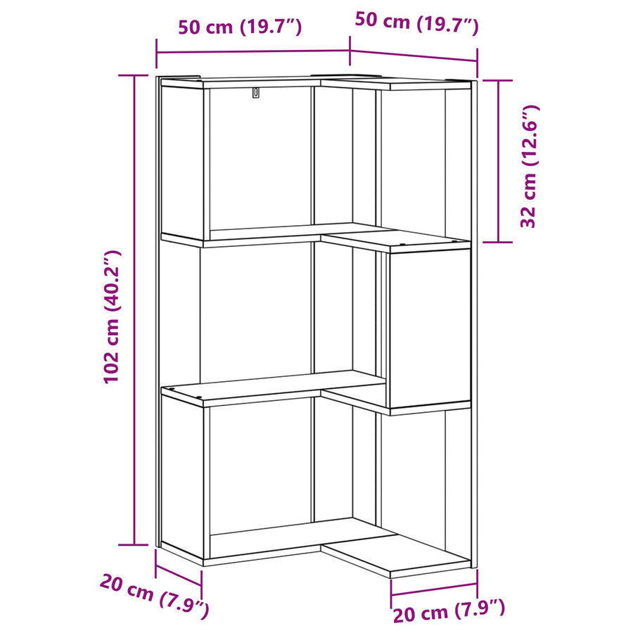 Hoekboekenkast 3-Tier 50X50X102 Cm Houtcomposiet Zwart eiken