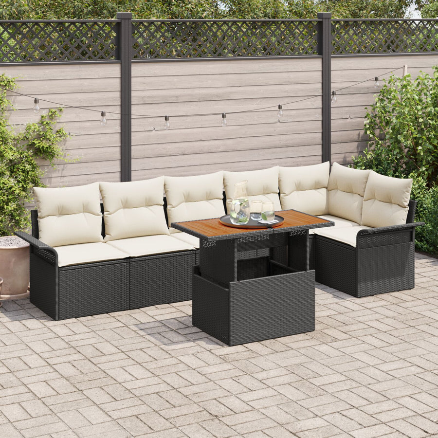 7-Delig Tuin Eetset Met Kussens Zwarte Poly Rattan Acacia