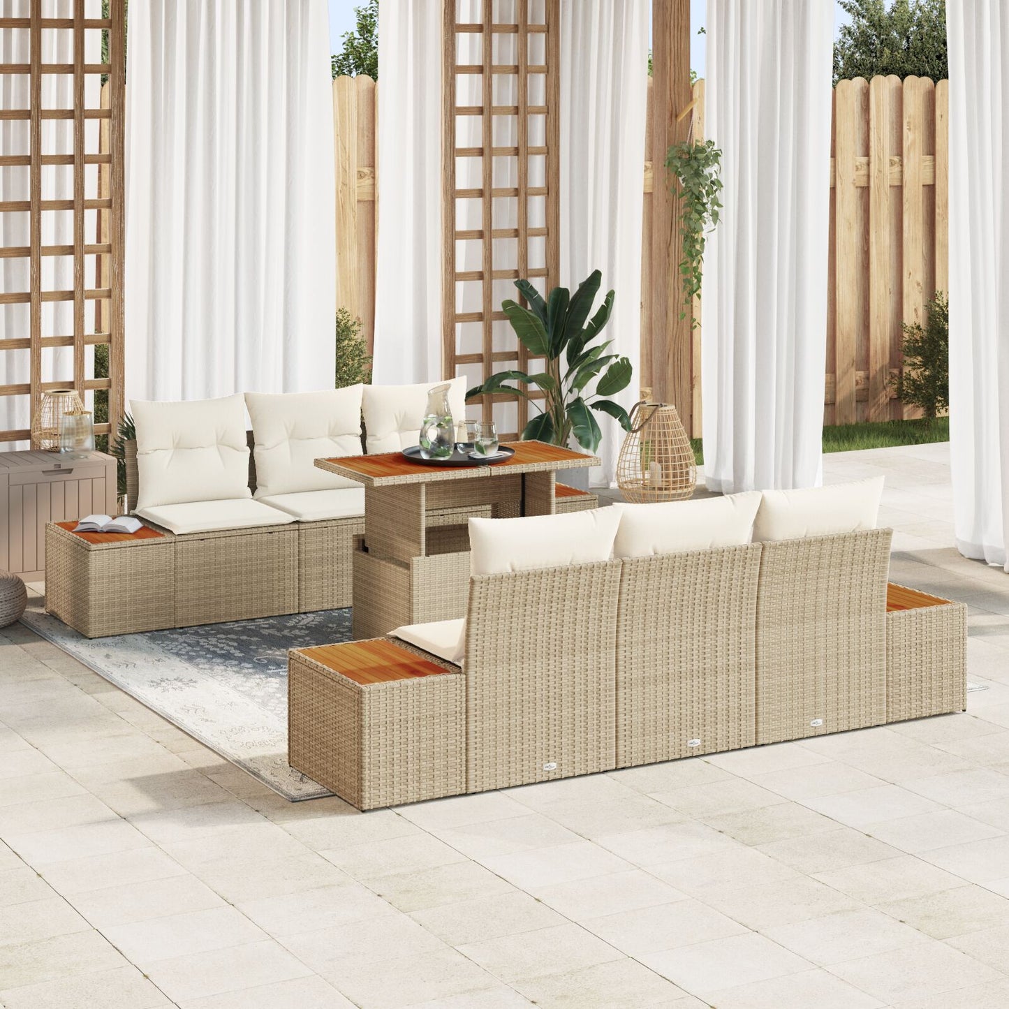 Tuin Sofa Set Set Van 7 Beige Rattan Tuin Eetset Rechthoekig