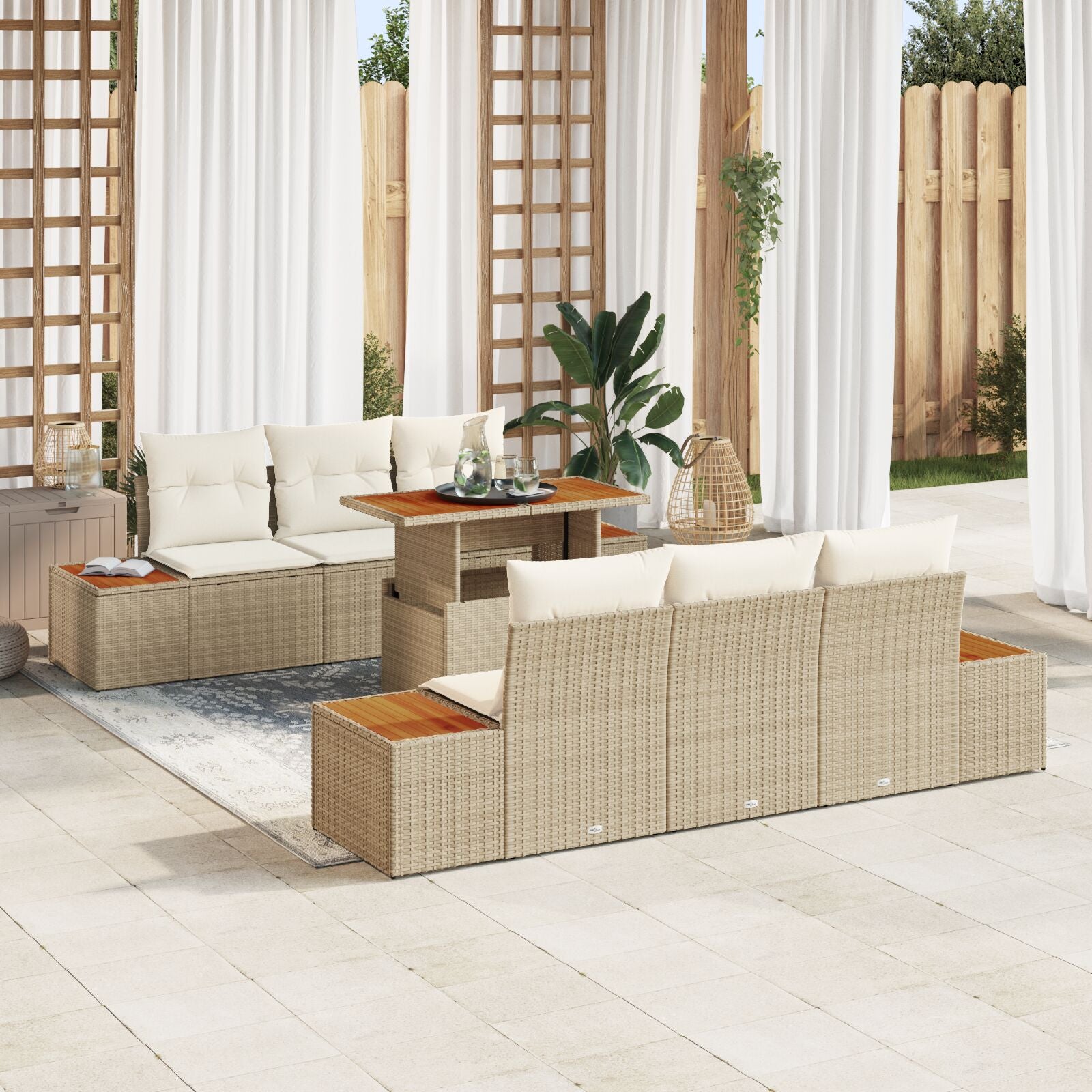 Tuin Sofa Set Set Van 7 Beige Rattan Tuin Eetset Rechthoekig