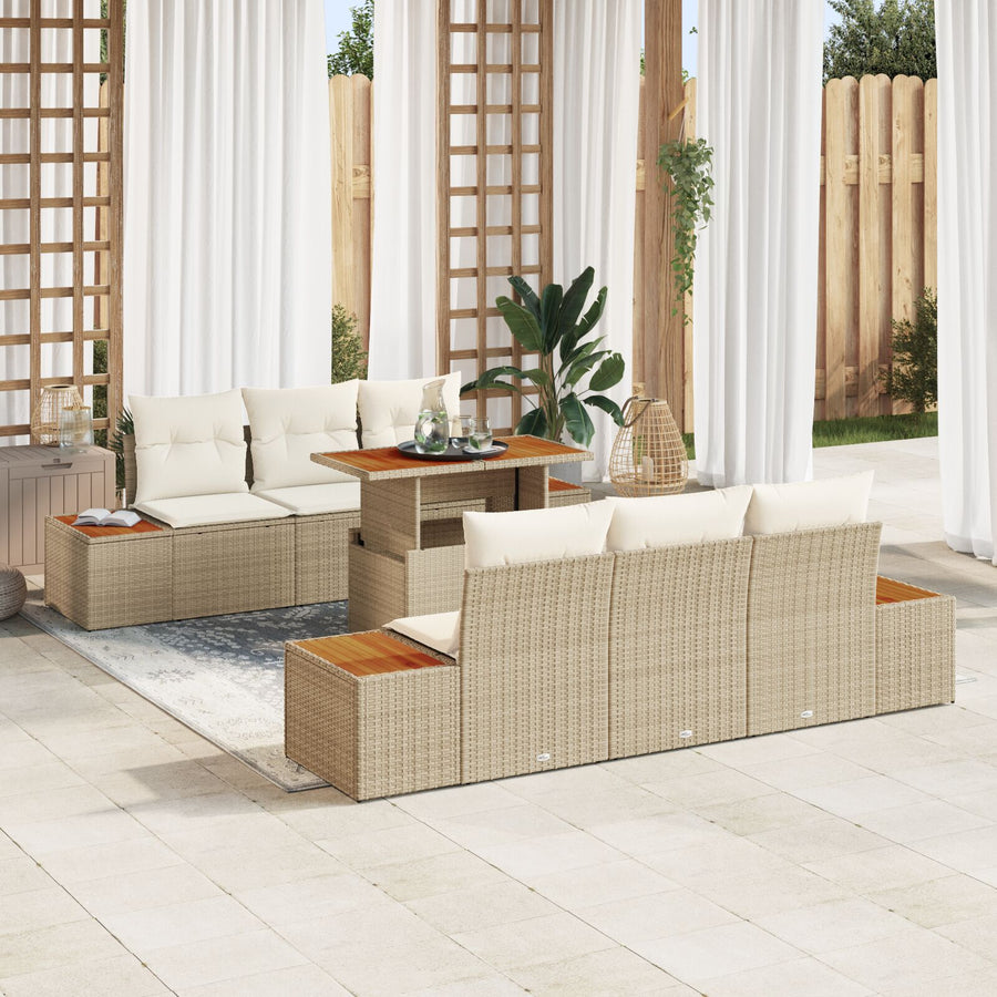 Tuin Sofa Set Set Van 7 Beige Rattan Tuin Eetset Rechthoekig