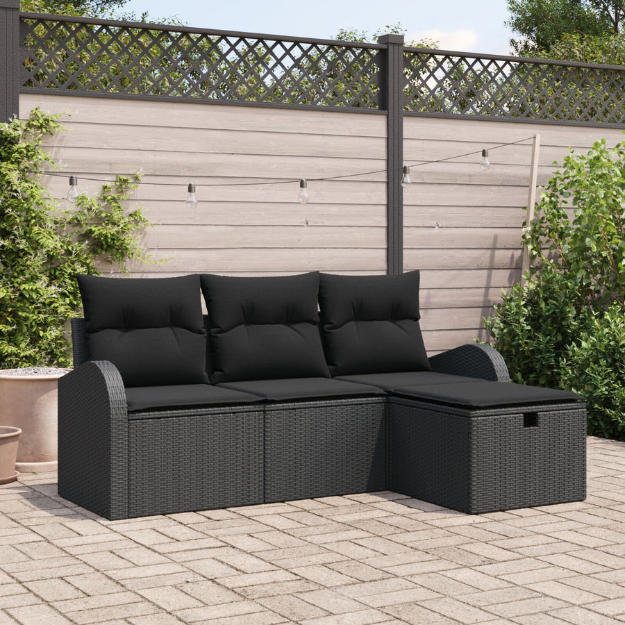4 Delige Tuin Sofa Set Met Kussens Zwart Poly Rattan