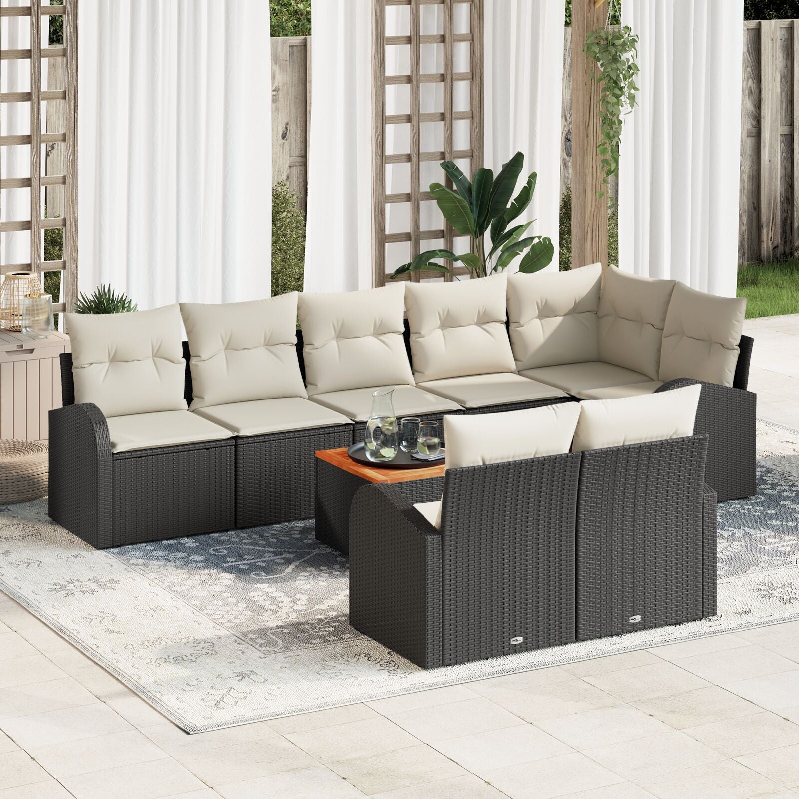 9-Delig Tuinbankstel Met Kussens Zwart Poly Rattan Acacia