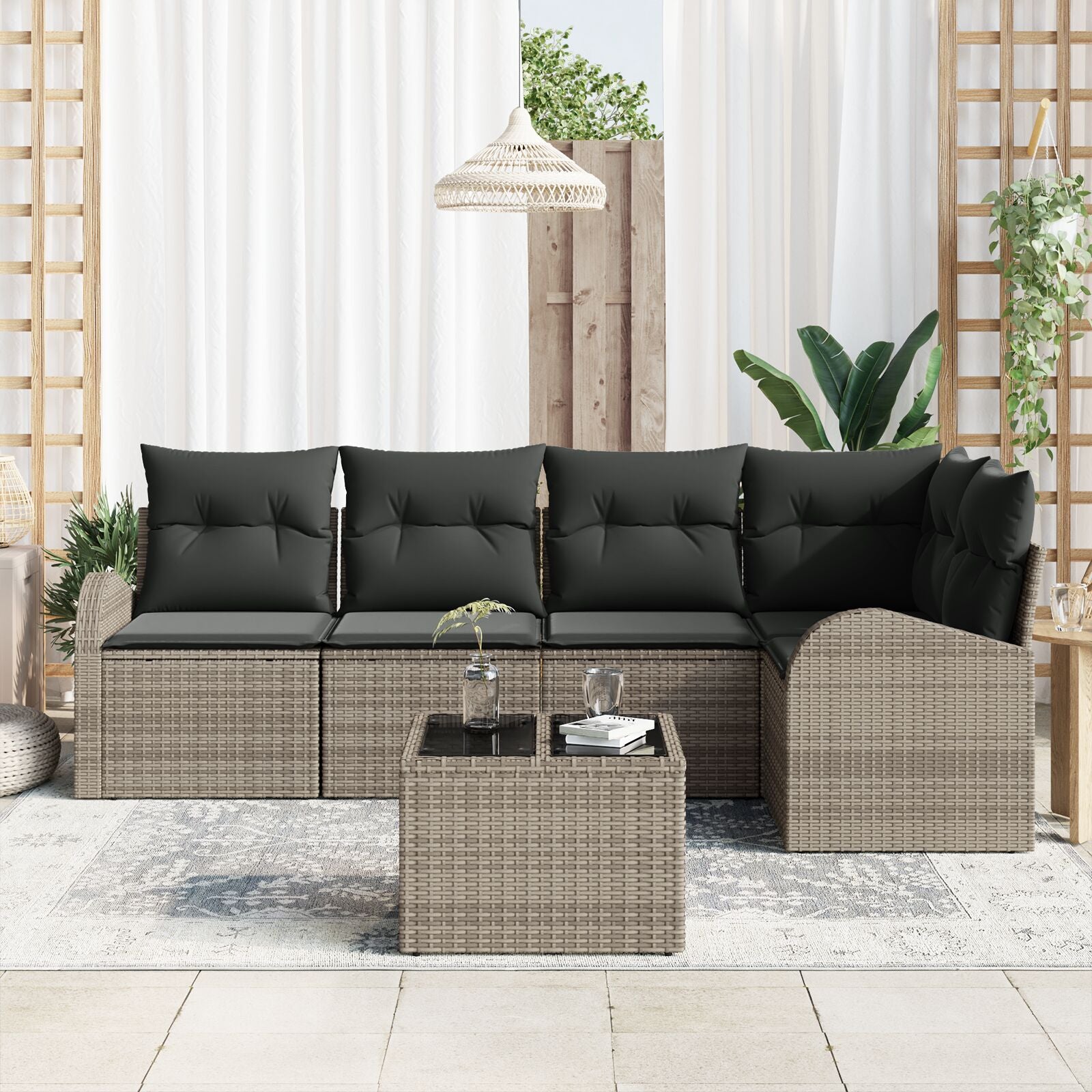 5 Delige Tuinsofa Set Met Kussens Zwarte Poly Rattan Grijs met tafel