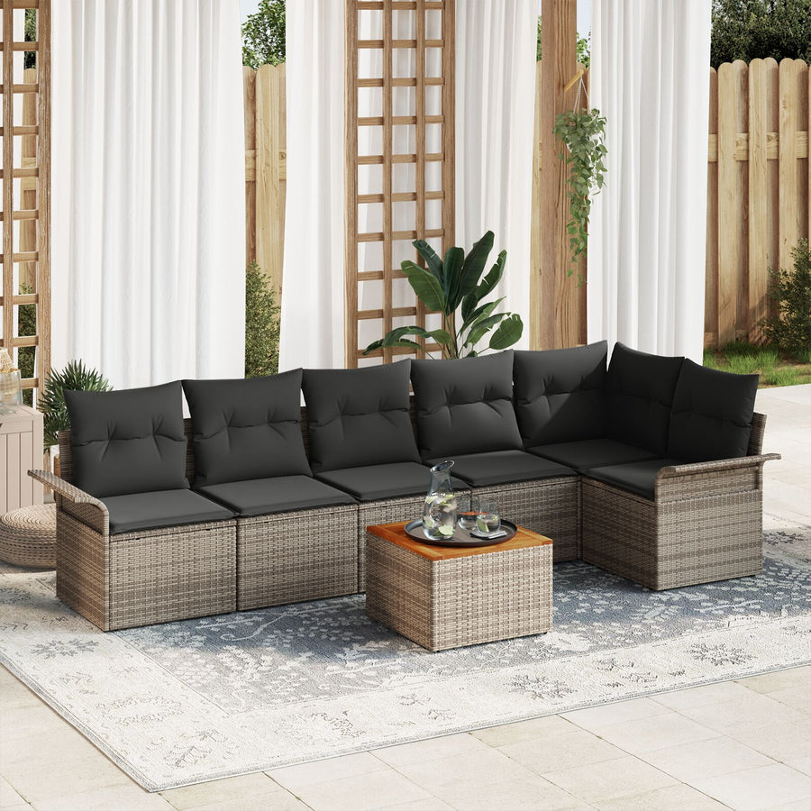 7-Delige Tuin Sofa Set Met Kussens Grijs Poly Rattan Acacia