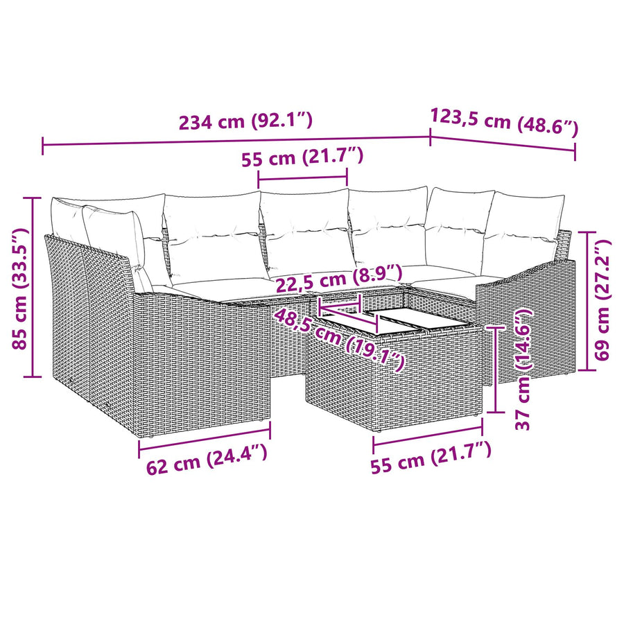 7-Delige Tuin Sofa Set Met Kussens Bruin Poly Rattan