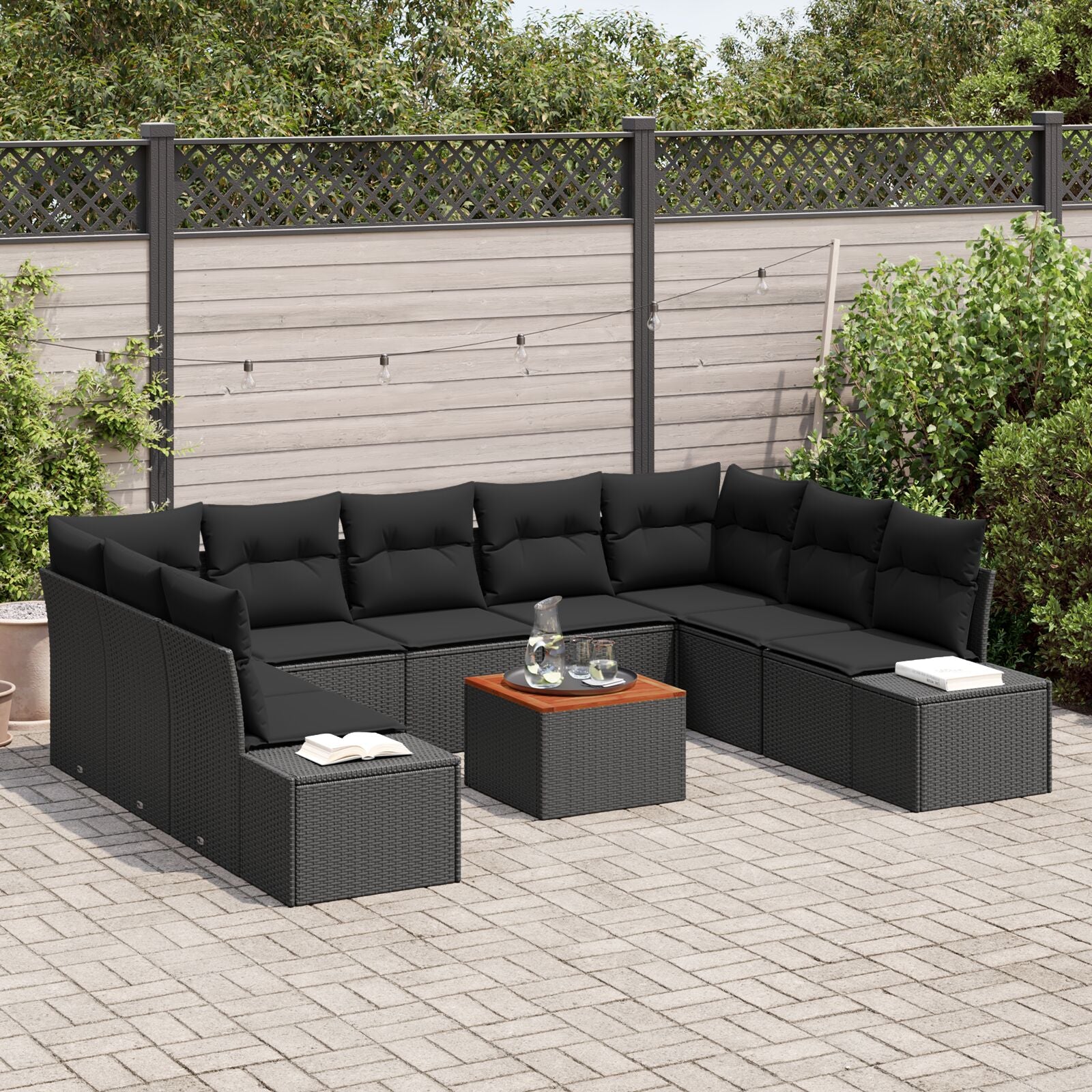 10-Delige Tuin Sofa Set Met Kussens Zwart Poly Rattan Acacia