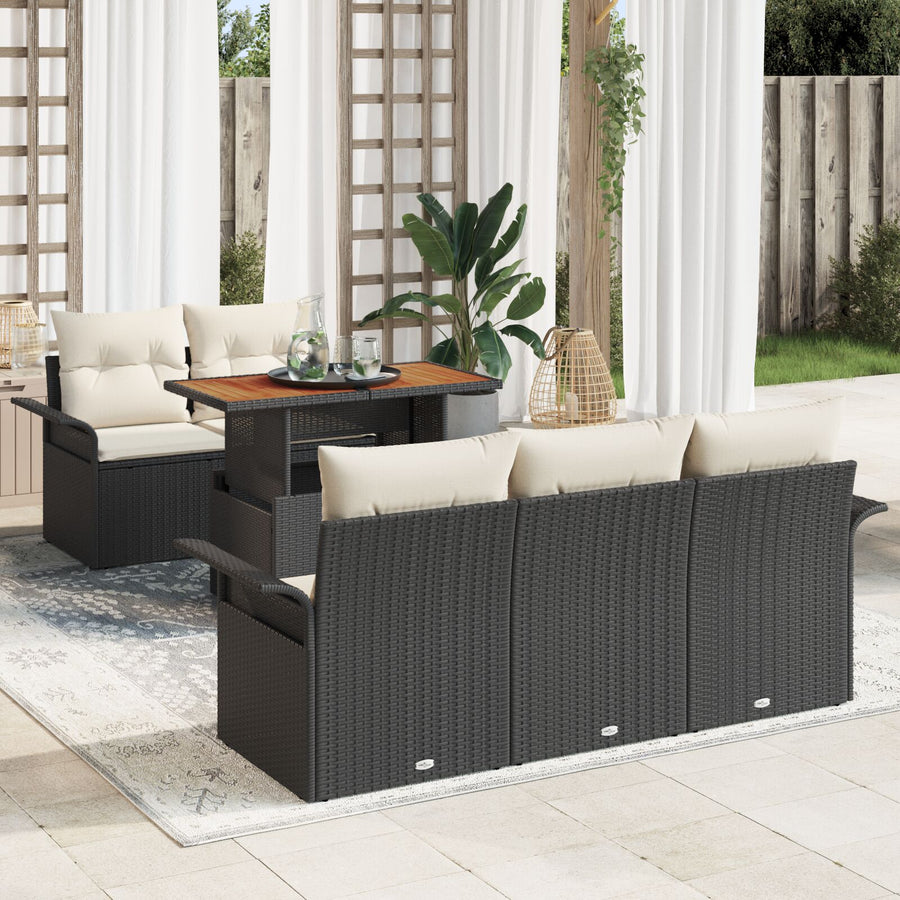 6-Delige Tuinbankset Met Kussens Zwart Poly Rattan Acacia