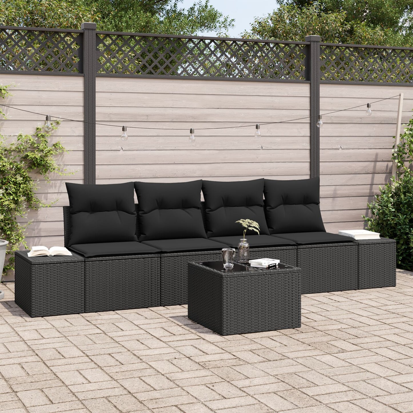 5-Delige Tuinsofa Set Met Kussens Zwart Poly Rattan