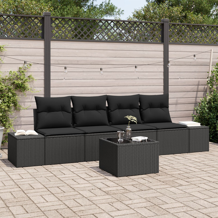 5-Delige Tuinsofa Set Met Kussens Zwart Poly Rattan